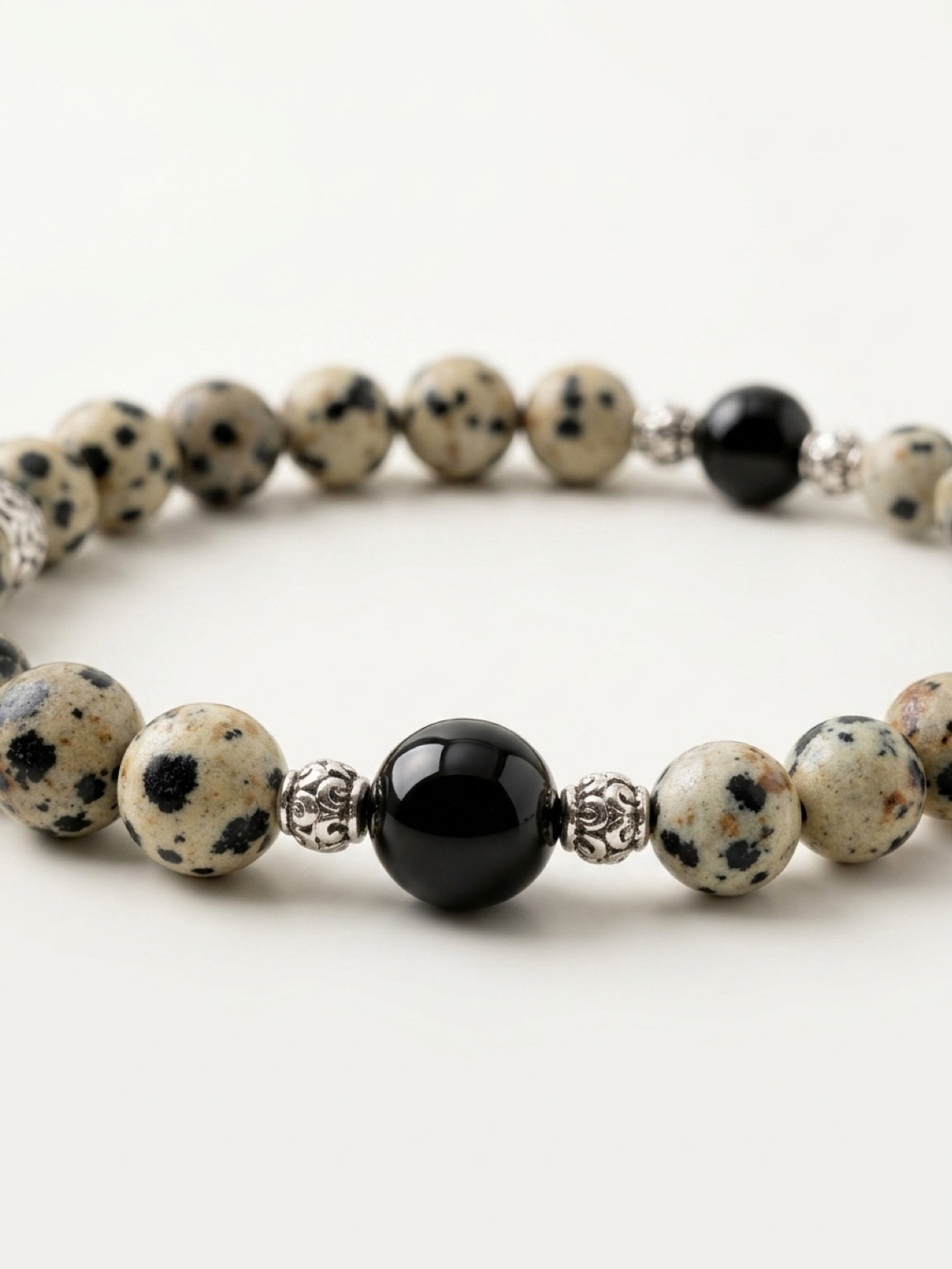 Men’s Dalmatian Jasper & Jet Bracelet | Natural Stone Mala Protection Jewelry