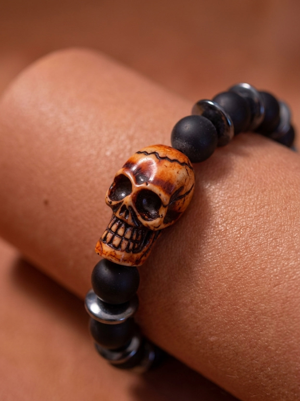 Skull bracelet with black onyx and hematite, Skater, skateboard, scooter