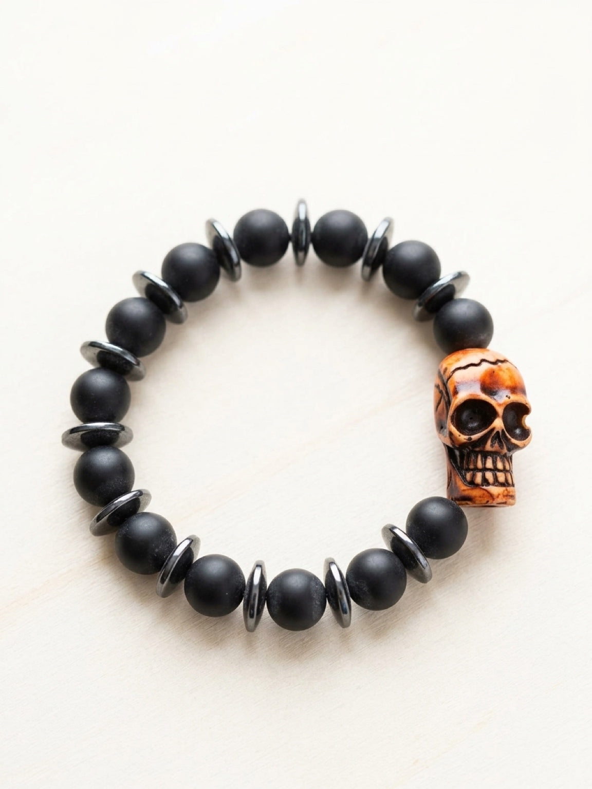 Skull bracelet with black onyx and hematite, Skater, skateboard, scooter