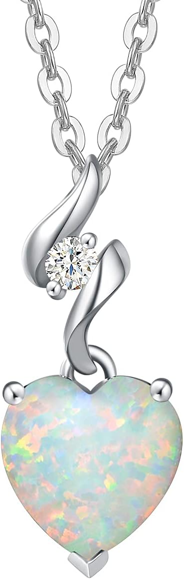 14K Solid White Gold Diamond Gemstone Pendant with Sterling Silver Chain 8Mm Heart Birthstone Necklace Fine Jewelry Anniversary Birthday Gifts for Women Mom Wife