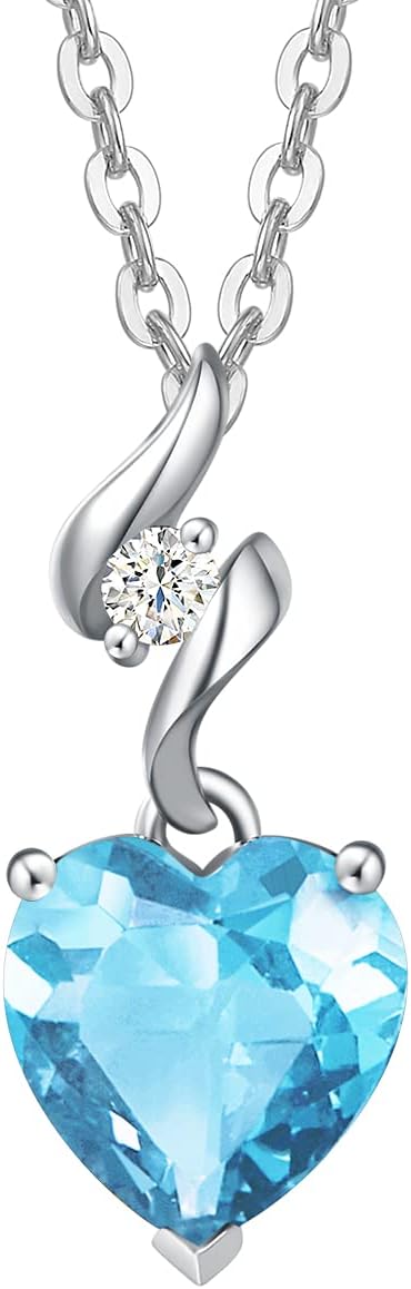 14K Solid White Gold Diamond Gemstone Pendant with Sterling Silver Chain 8Mm Heart Birthstone Necklace Fine Jewelry Anniversary Birthday Gifts for Women Mom Wife