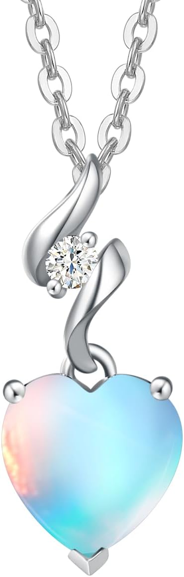 14K Solid White Gold Diamond Gemstone Pendant with Sterling Silver Chain 8Mm Heart Birthstone Necklace Fine Jewelry Anniversary Birthday Gifts for Women Mom Wife