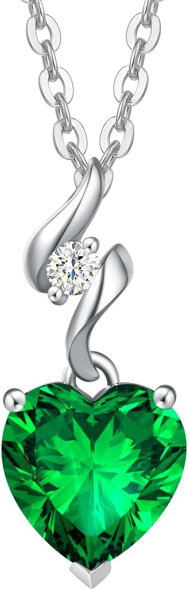 14K Solid White Gold Diamond Gemstone Pendant with Sterling Silver Chain 8Mm Heart Birthstone Necklace Fine Jewelry Anniversary Birthday Gifts for Women Mom Wife