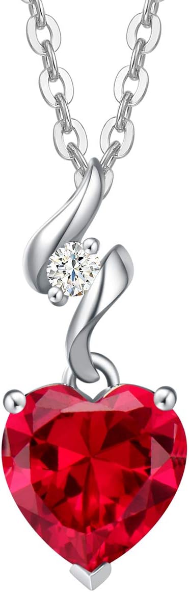 14K Solid White Gold Diamond Gemstone Pendant with Sterling Silver Chain 8Mm Heart Birthstone Necklace Fine Jewelry Anniversary Birthday Gifts for Women Mom Wife