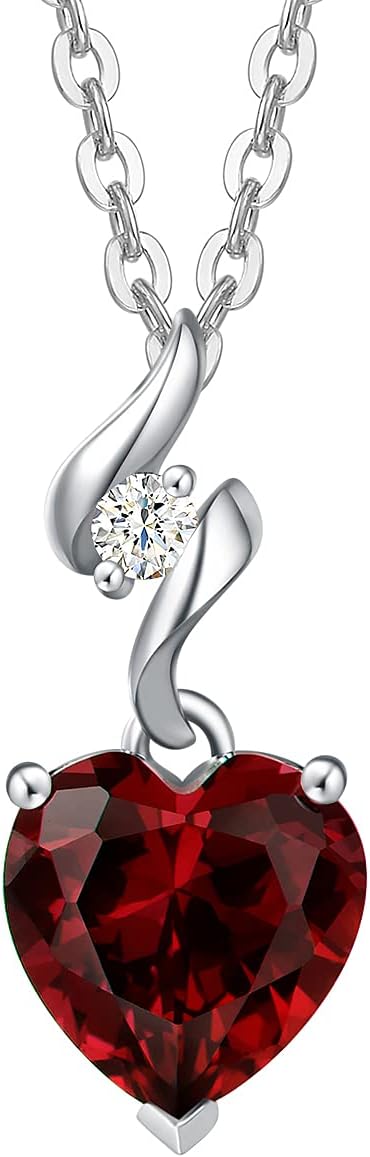 14K Solid White Gold Diamond Gemstone Pendant with Sterling Silver Chain 8Mm Heart Birthstone Necklace Fine Jewelry Anniversary Birthday Gifts for Women Mom Wife