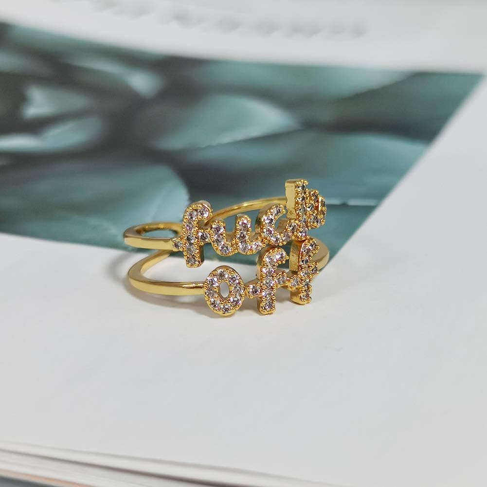 Women Statement Letters Personalized Ring 18K Gold Plated Open Rings Hypoallergenic Cubic Zirconia Adjustable Rings for Women