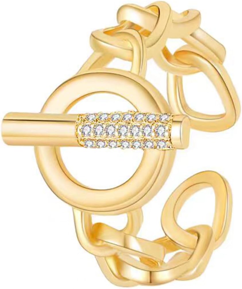 18K Gold Plated Adjustable Rings - Chunky Heart, Cross, T Bar & Butterfly Rings with Cubic Zirconia Diamonds - Size 5-8