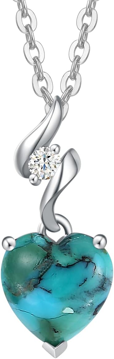 14K Solid White Gold Diamond Gemstone Pendant with Sterling Silver Chain 8Mm Heart Birthstone Necklace Fine Jewelry Anniversary Birthday Gifts for Women Mom Wife