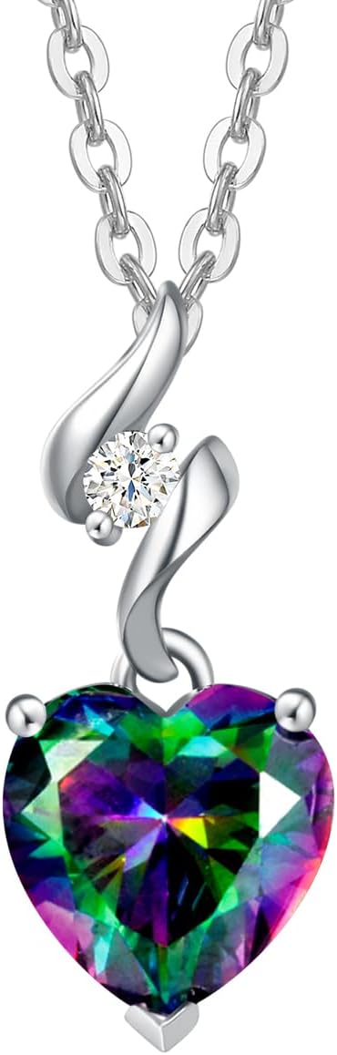14K Solid White Gold Diamond Gemstone Pendant with Sterling Silver Chain 8Mm Heart Birthstone Necklace Fine Jewelry Anniversary Birthday Gifts for Women Mom Wife