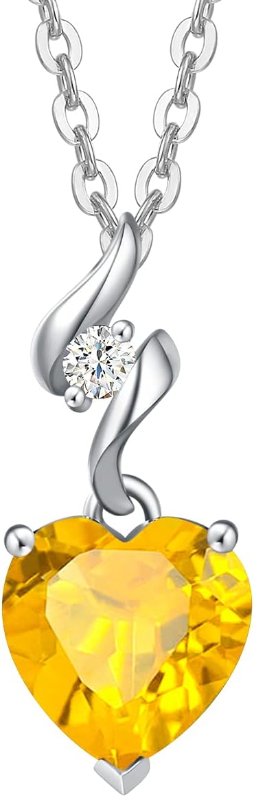 14K Solid White Gold Diamond Gemstone Pendant with Sterling Silver Chain 8Mm Heart Birthstone Necklace Fine Jewelry Anniversary Birthday Gifts for Women Mom Wife