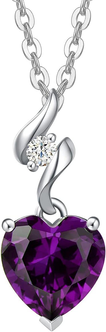 14K Solid White Gold Diamond Gemstone Pendant with Sterling Silver Chain 8Mm Heart Birthstone Necklace Fine Jewelry Anniversary Birthday Gifts for Women Mom Wife