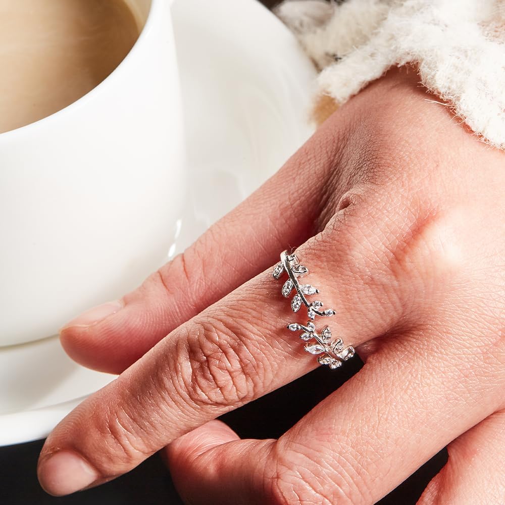 Adjustable S925 Sterling Silver Ring for Women,Branch Leaves Band Stacking Finger Ring,Paved Cubic Zirconia Stone Stackable Open Ring