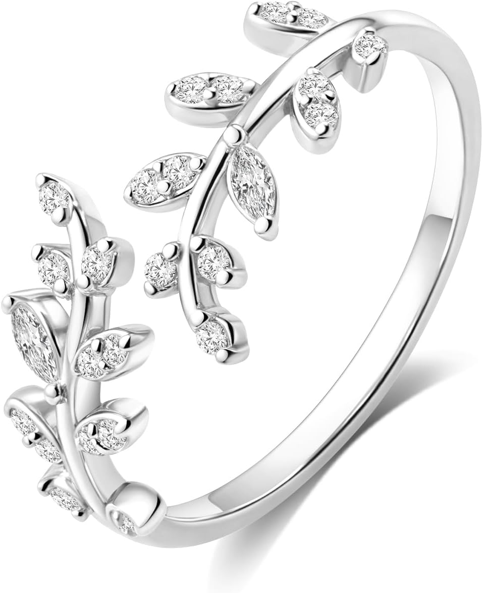 Adjustable S925 Sterling Silver Ring for Women,Branch Leaves Band Stacking Finger Ring,Paved Cubic Zirconia Stone Stackable Open Ring
