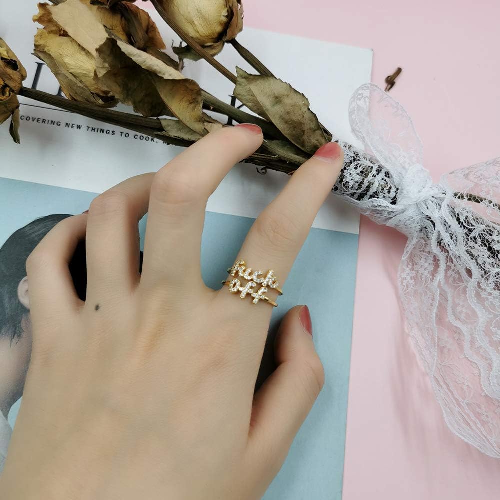 Women Statement Letters Personalized Ring 18K Gold Plated Open Rings Hypoallergenic Cubic Zirconia Adjustable Rings for Women