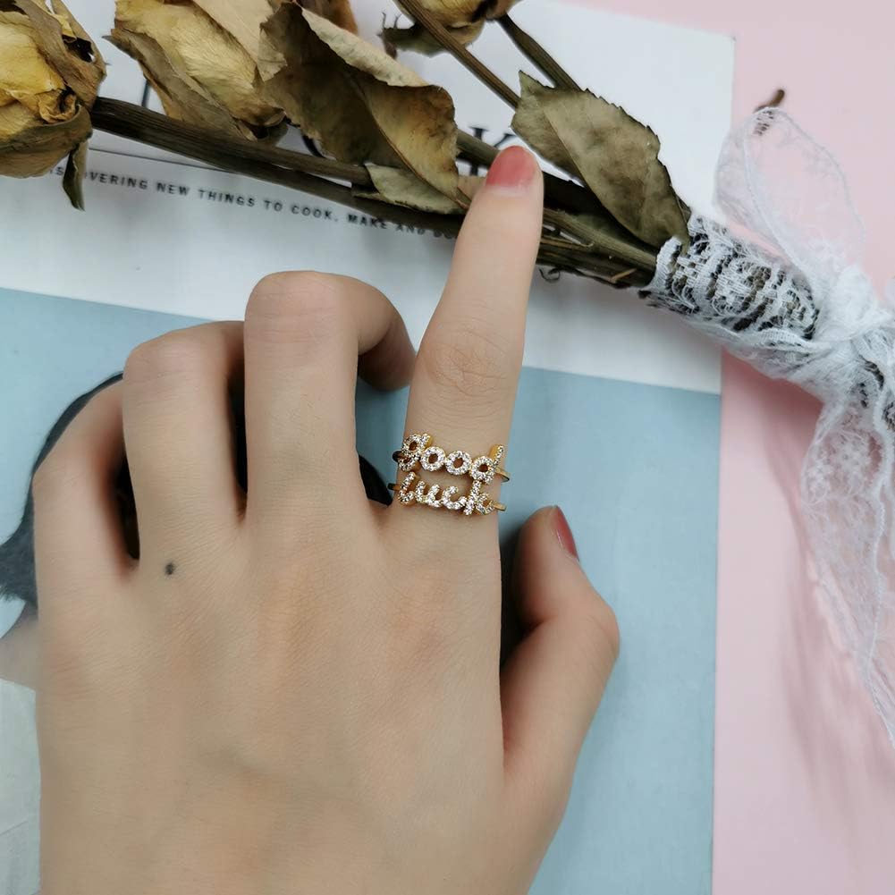 Women Statement Letters Personalized Ring 18K Gold Plated Open Rings Hypoallergenic Cubic Zirconia Adjustable Rings for Women