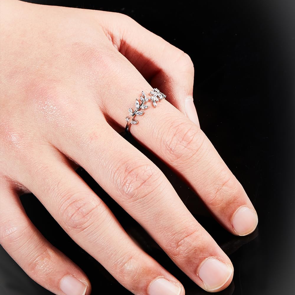 Adjustable S925 Sterling Silver Ring for Women,Branch Leaves Band Stacking Finger Ring,Paved Cubic Zirconia Stone Stackable Open Ring