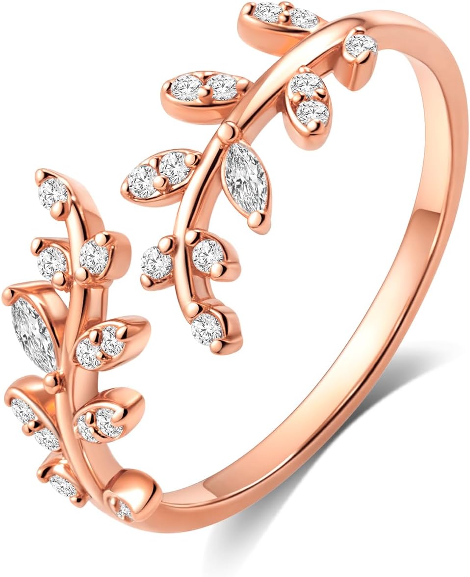 Adjustable S925 Sterling Silver Ring for Women,Branch Leaves Band Stacking Finger Ring,Paved Cubic Zirconia Stone Stackable Open Ring