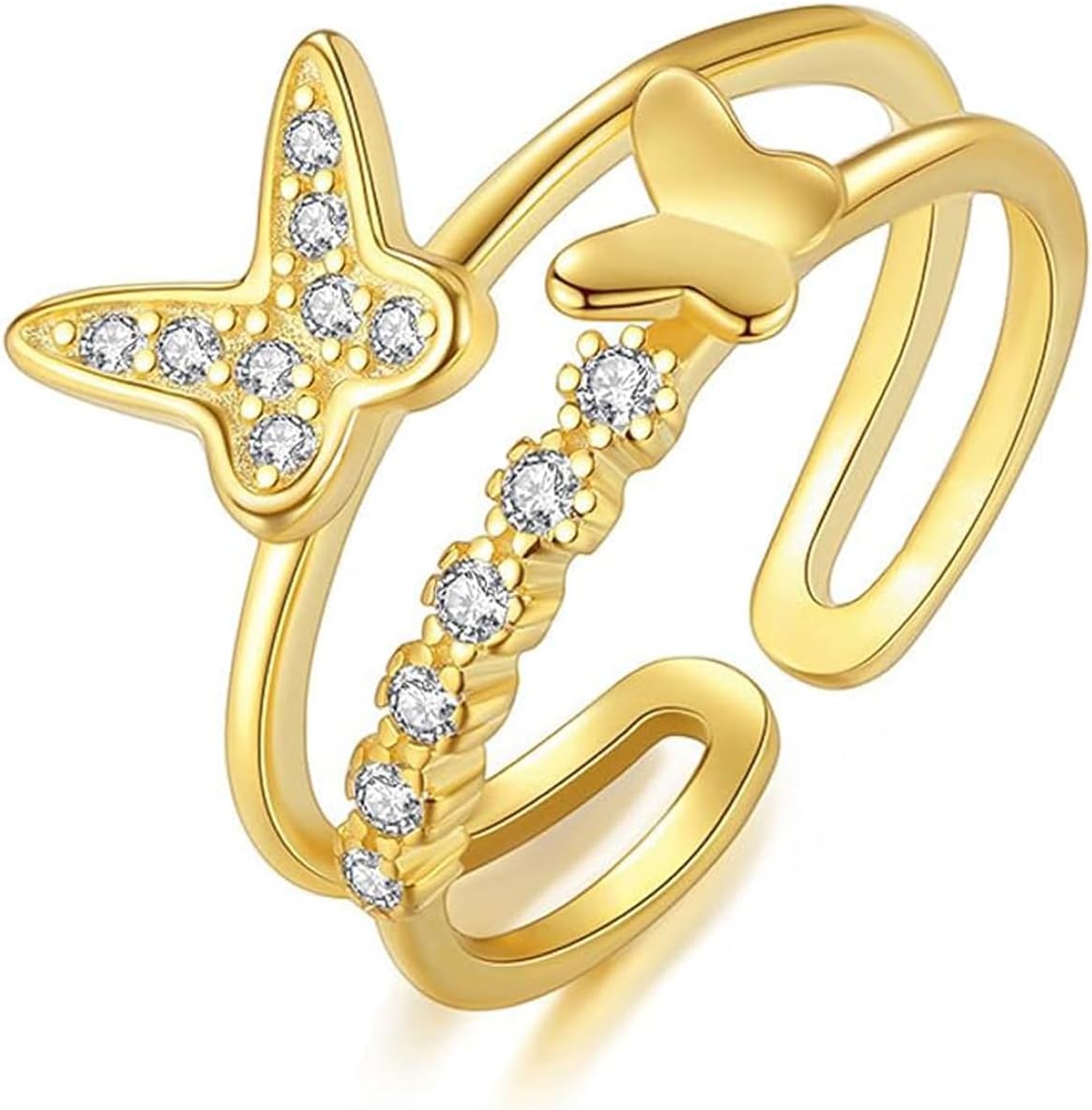 18K Gold Plated Adjustable Rings - Chunky Heart, Cross, T Bar & Butterfly Rings with Cubic Zirconia Diamonds - Size 5-8