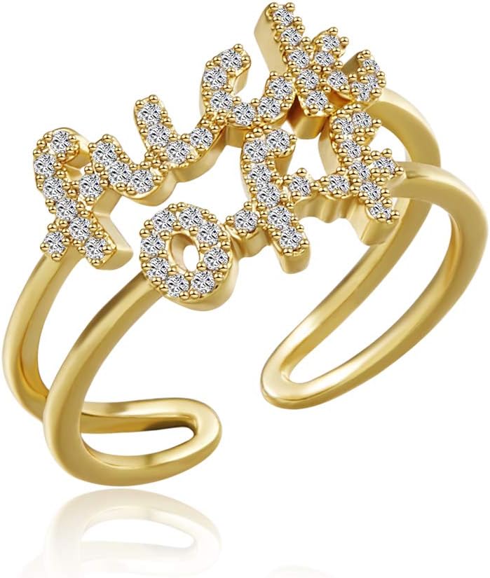 Women Statement Letters Personalized Ring 18K Gold Plated Open Rings Hypoallergenic Cubic Zirconia Adjustable Rings for Women