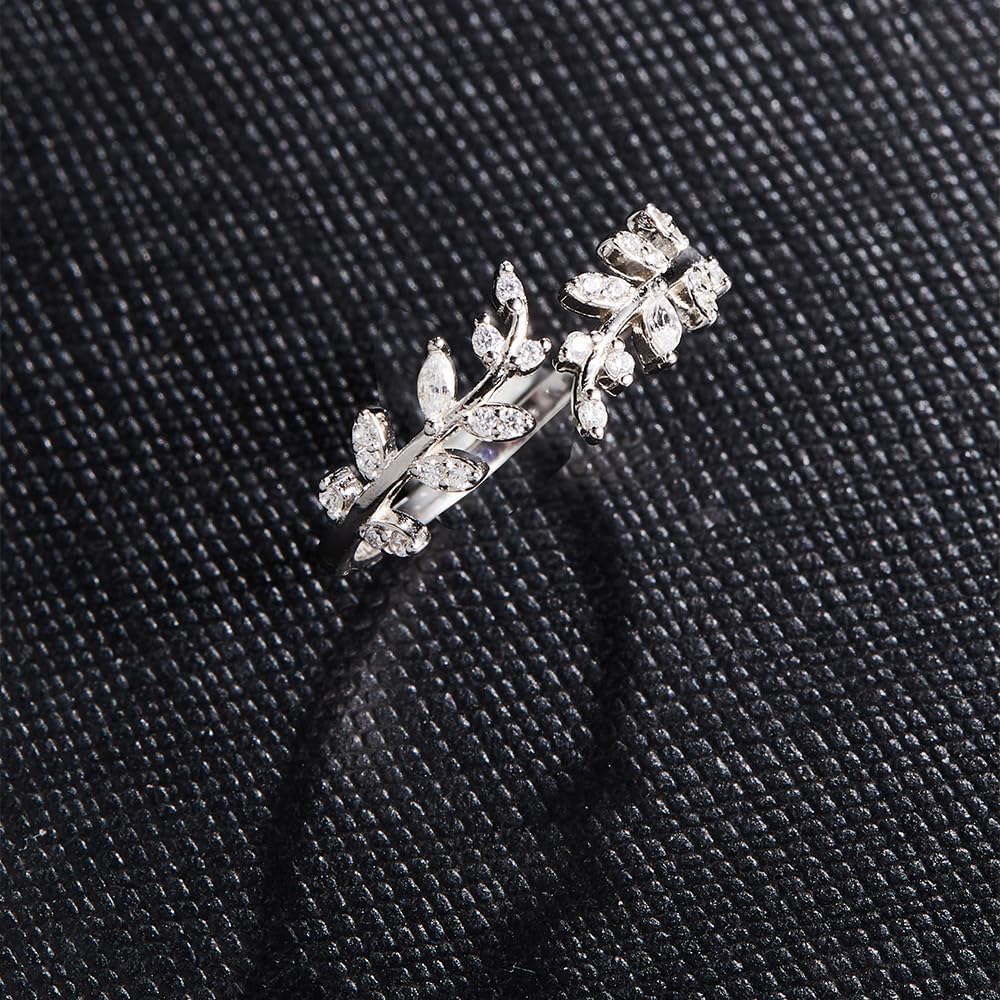 Adjustable S925 Sterling Silver Ring for Women,Branch Leaves Band Stacking Finger Ring,Paved Cubic Zirconia Stone Stackable Open Ring