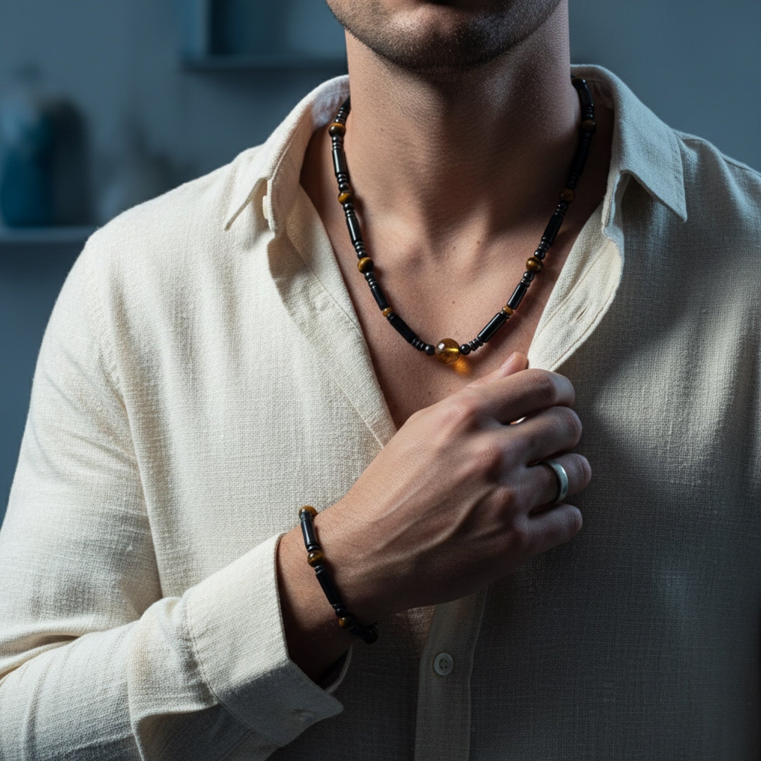 Men's necklace - Black Onyx, Hematite, Citrine & Tiger's Eye, protection jewelry, stone jewelry, natural stone necklace