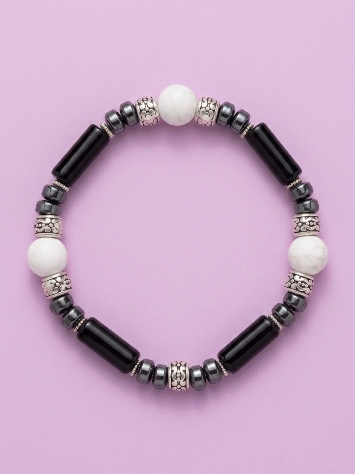 Men's White Dolomite Hematite Black Onyx Mala Bracelet | Grounding Protection Stone Jewelry Gift for Him