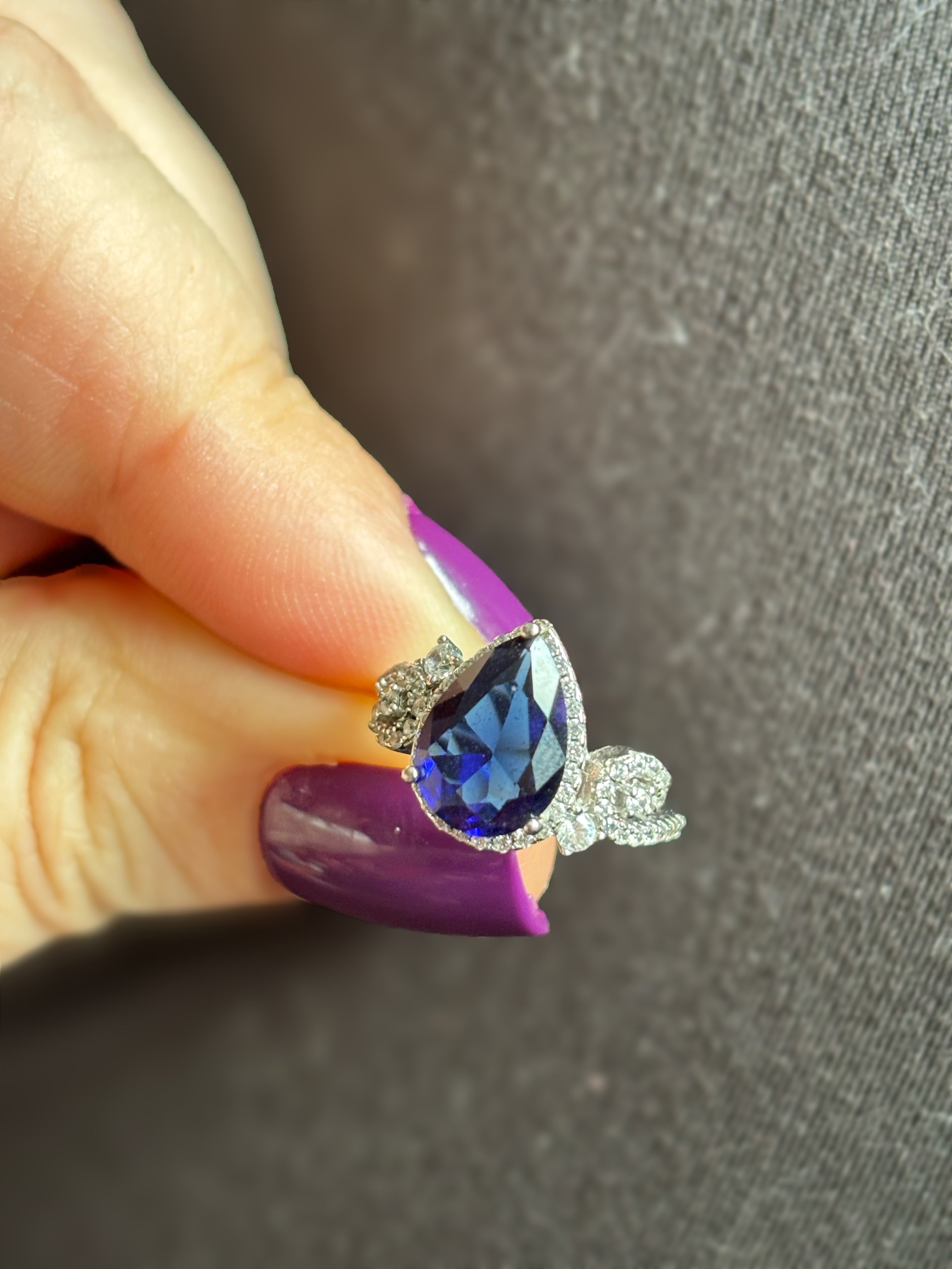 Sterling silver and sapphire and clear cz crystal ring, size 5