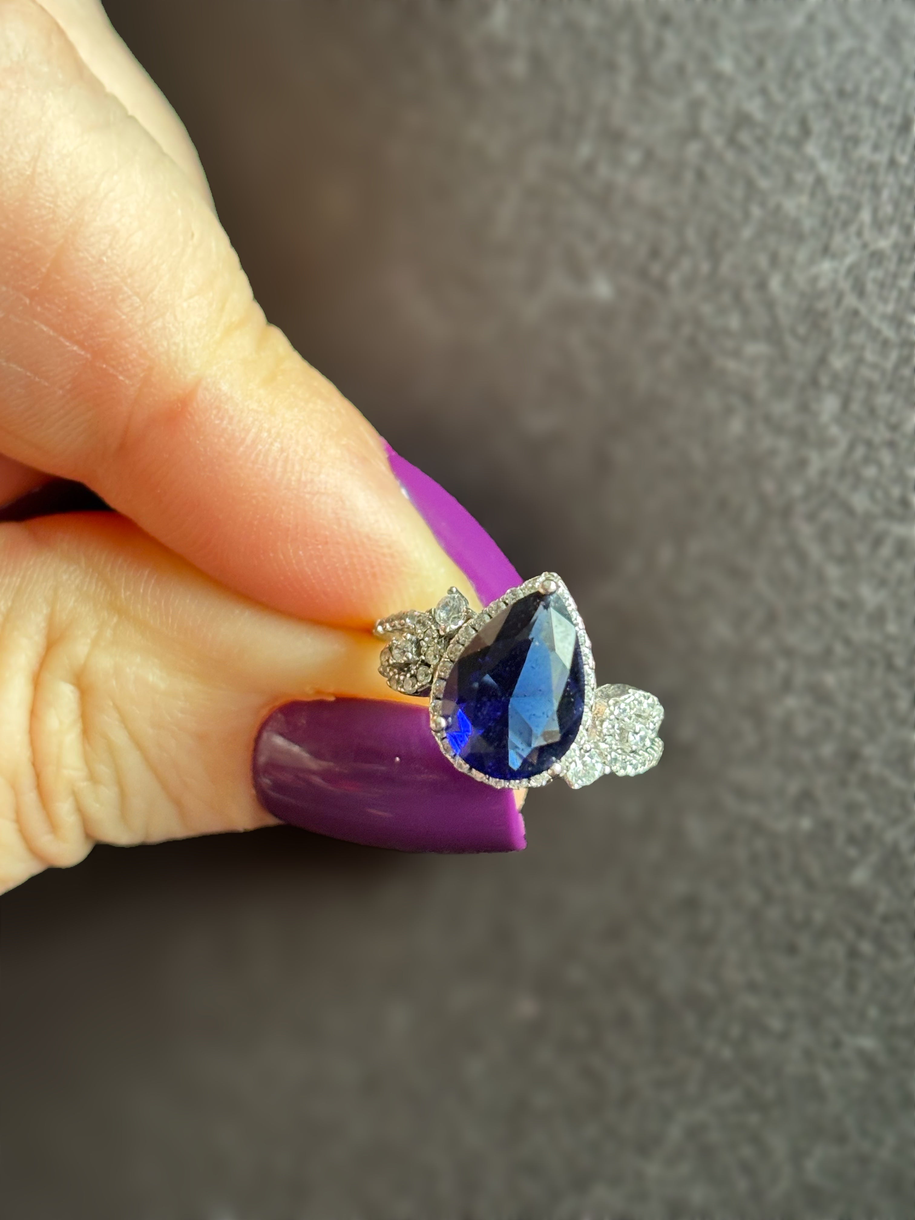 Sterling silver and sapphire and clear cz crystal ring, size 5