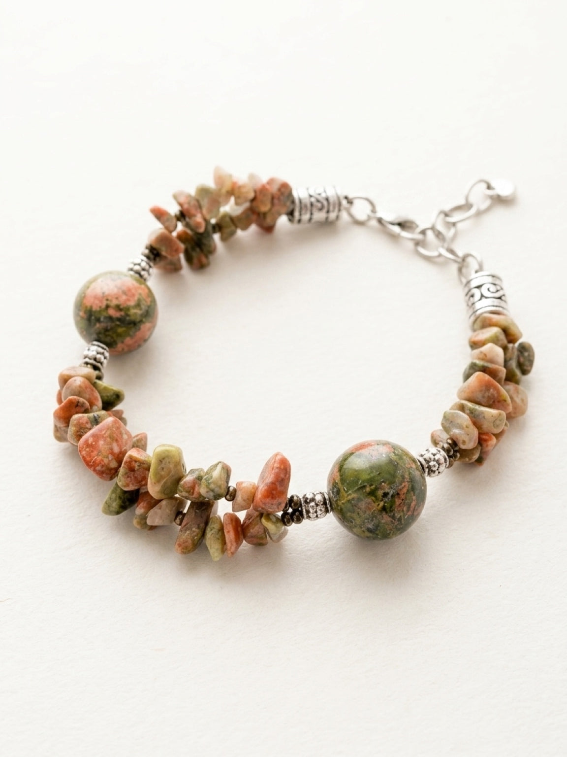 LADIES BRACELET in unakite and autumn jasper with a heart charm, stone bracelet, stone jewelry, jasper bracelet, meditation stones