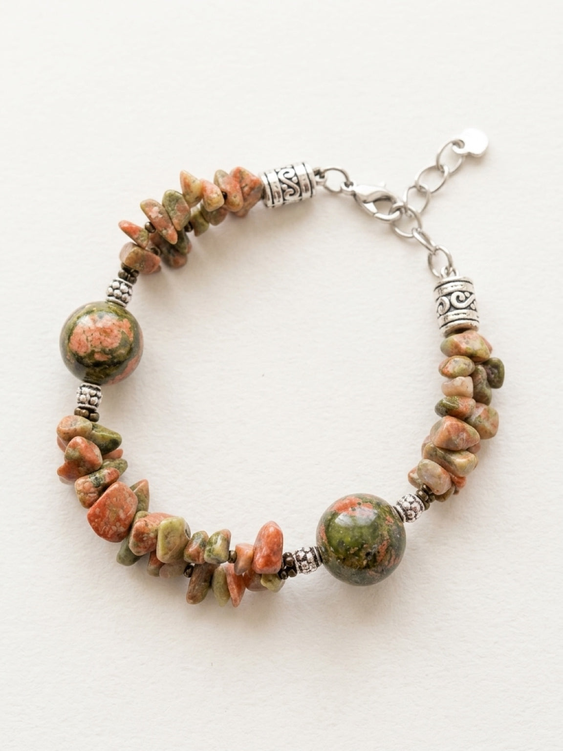 LADIES BRACELET in unakite and autumn jasper with a heart charm, stone bracelet, stone jewelry, jasper bracelet, meditation stones