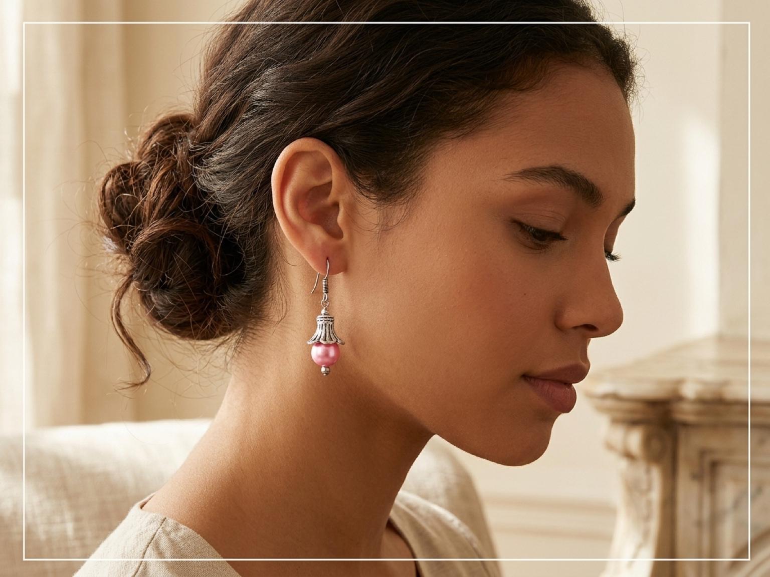 Pink Pearl Bell Earrings | Silver Tone Dangle | Gift for Her & Bridesmaids