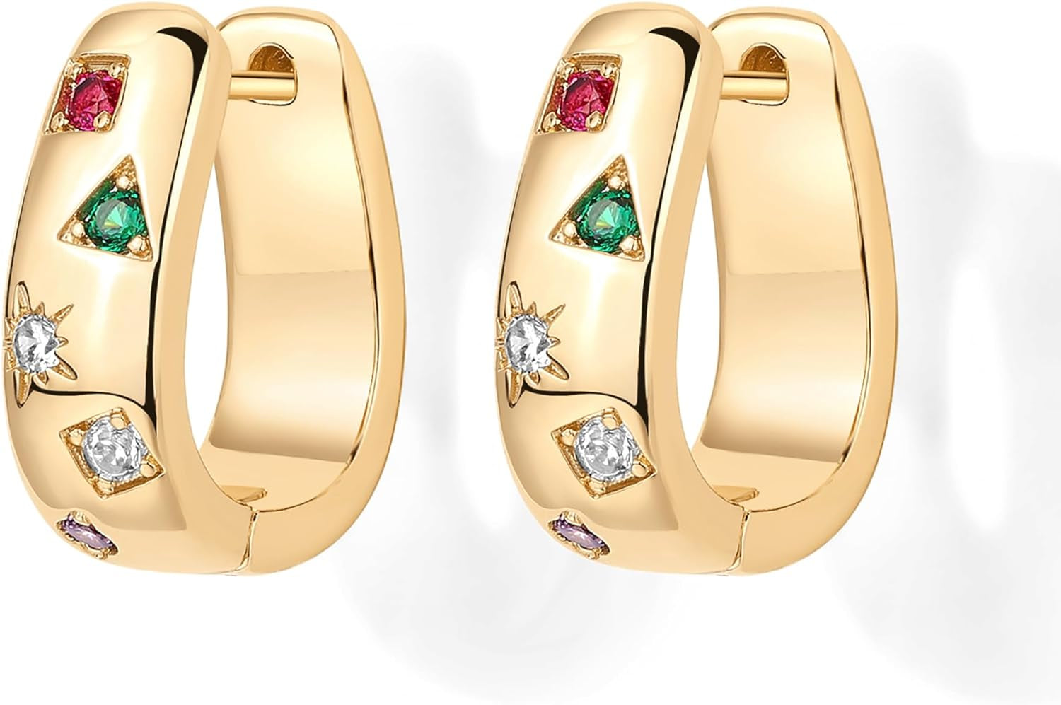 14K Gold Plated 925 Sterling Silver Posts Chunky Huggie Earrings for Women | Multi-Colored Cubic Zirconia Statement Hoop Earrings