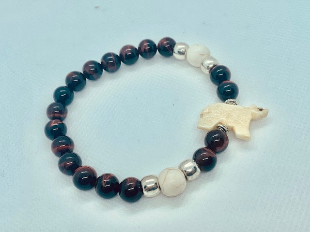 Polar Bear Bracelet with red Tiger's Eye and carved bone polar bear and howlite, gift bracelets