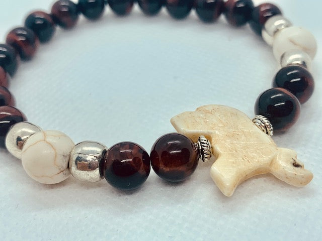Polar Bear Bracelet with red Tiger's Eye and carved bone polar bear and howlite, gift bracelets