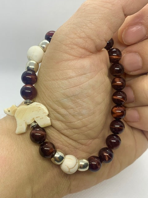 Polar Bear Bracelet with red Tiger's Eye and carved bone polar bear and howlite, gift bracelets