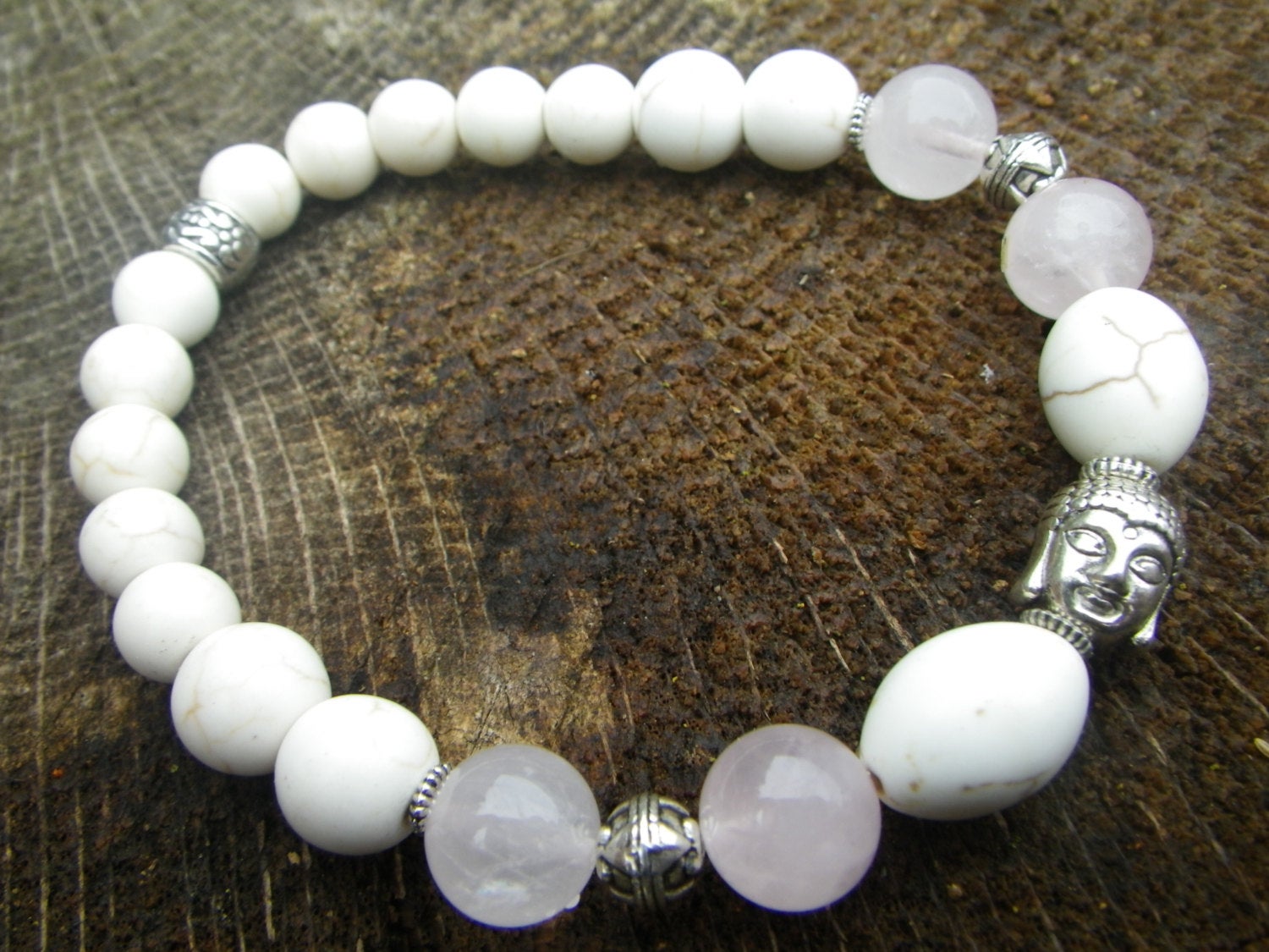 LOVE bracelet in Rose Quartz and Howlite, Zen Buddhist, Buddha bracelet, Mala bracelet, Meditation bracelet, stone bracelet