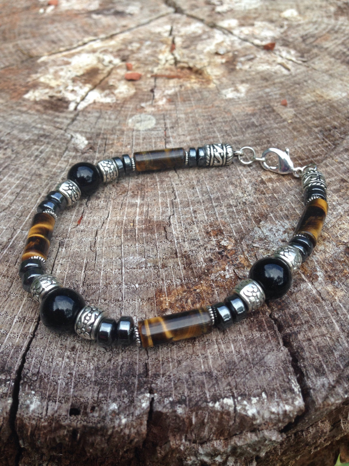 Men's Bracelet Tigers eye, black onyx and hematite, stone bracelet, stone jewelry, mala jewelry