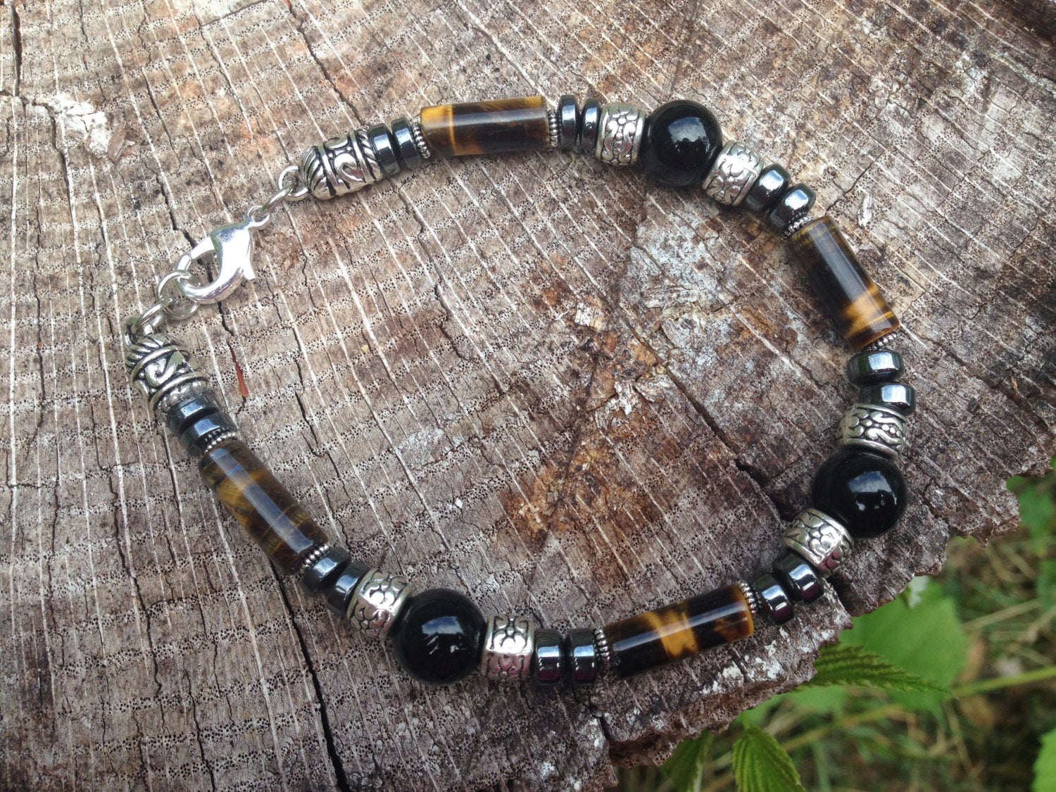 Men's Bracelet Tigers eye, black onyx and hematite, stone bracelet, stone jewelry, mala jewelry