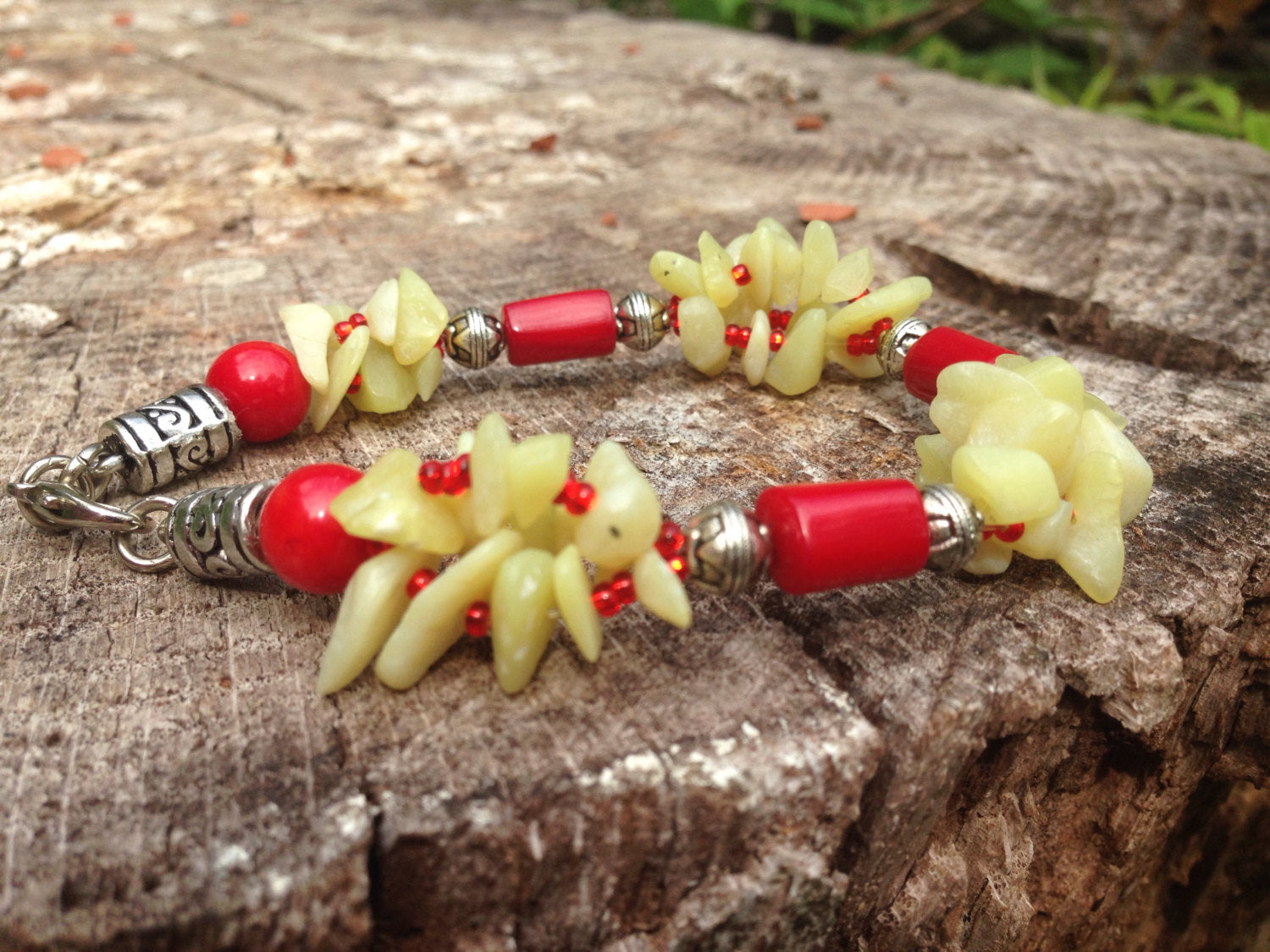 JADE and CORAL Ladies bracelet made w/ Red Coral and Bowenite New Jade, stone bracelet, stone jewelry