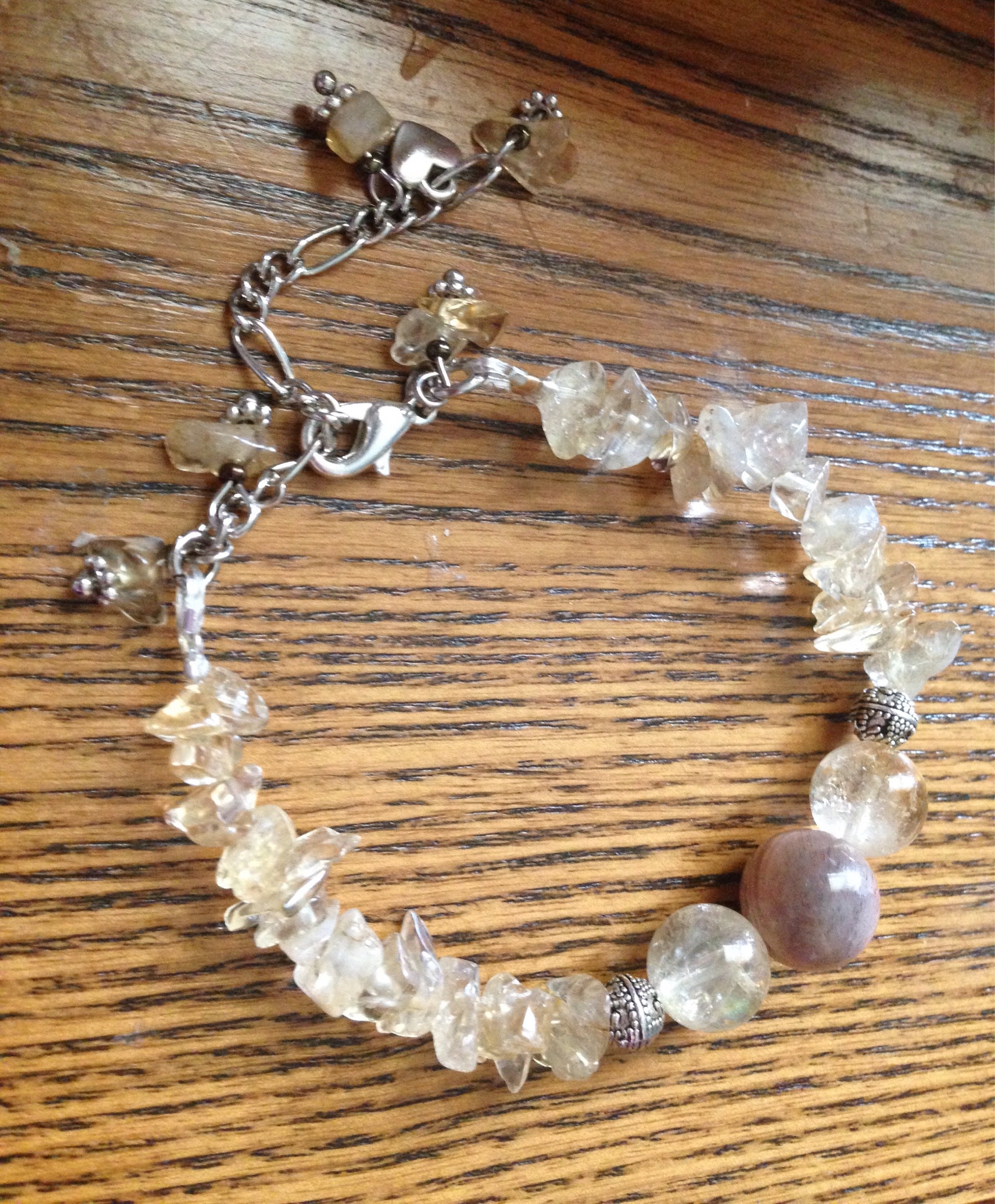 Citrine & Moonstone ladies bracelet, stone bracelet, natural stone jewelry, chip stone bracelet, heart charm, single strand w/ charms