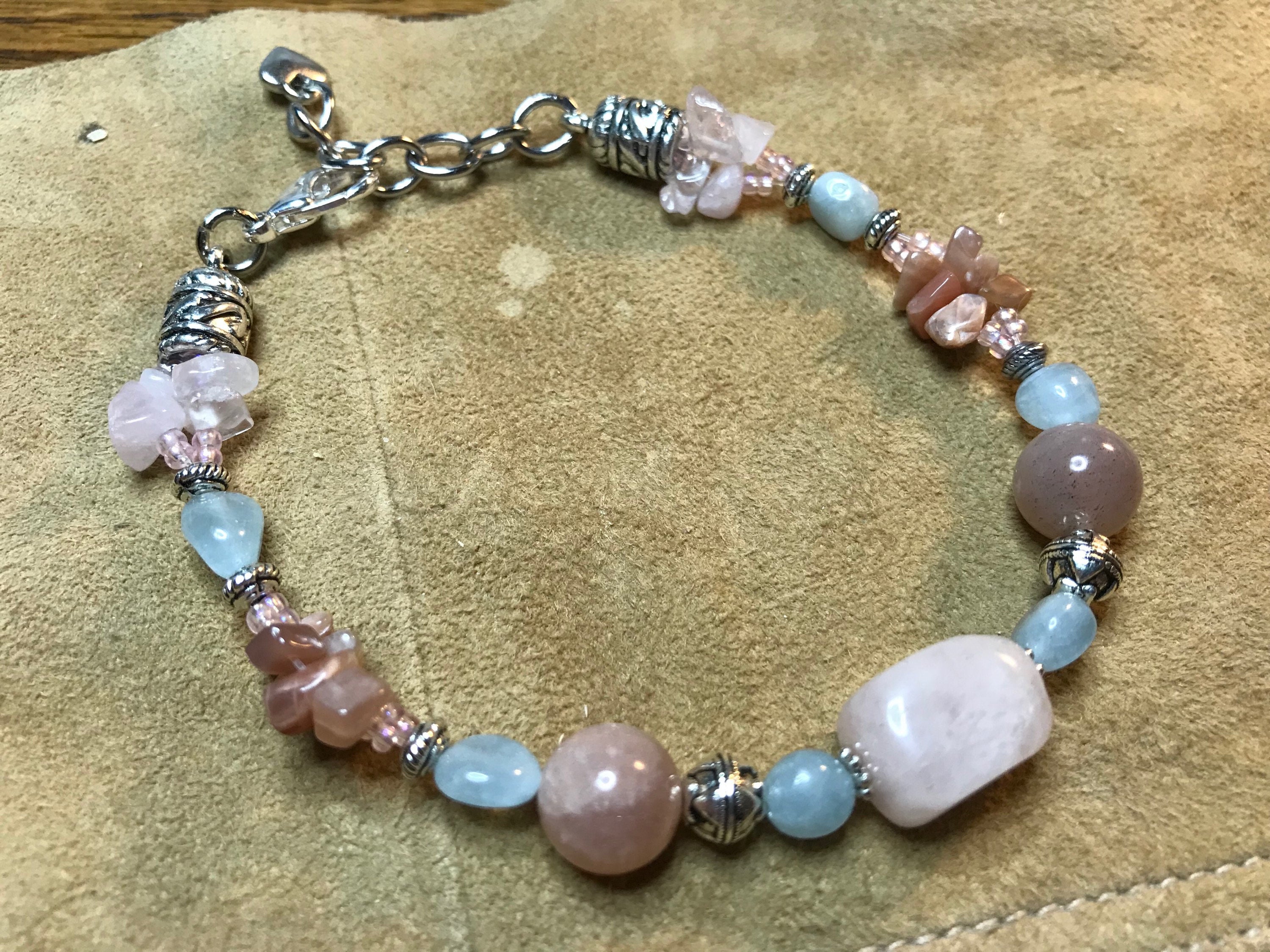 Genuine Aquamarine, rose quartz and peach moonstone ladies bracelet, natural stone jewelry, custom bracelet