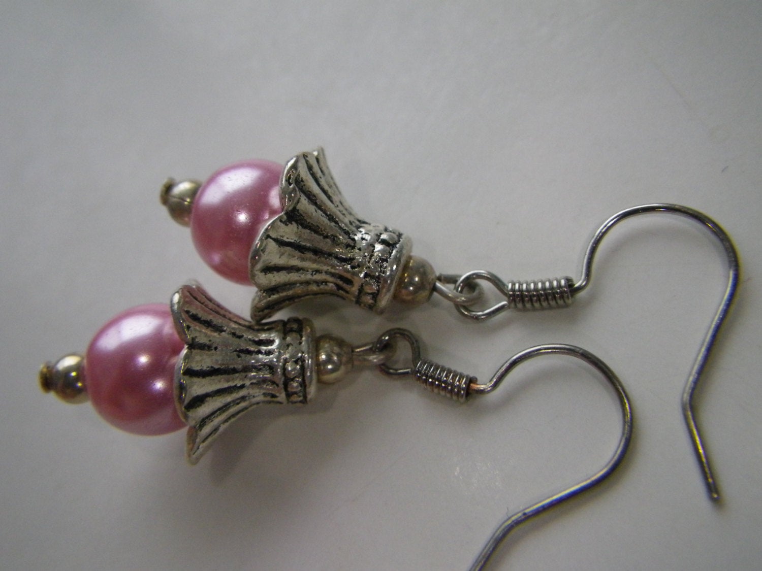 Women's earrings with Pink pearl bell earrings in silver tone, fashion earrings, gift for her, bridesmaid gift, summer jewelry