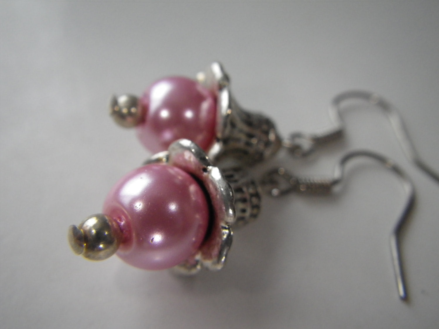 Women's earrings with Pink pearl bell earrings in silver tone, fashion earrings, gift for her, bridesmaid gift, summer jewelry