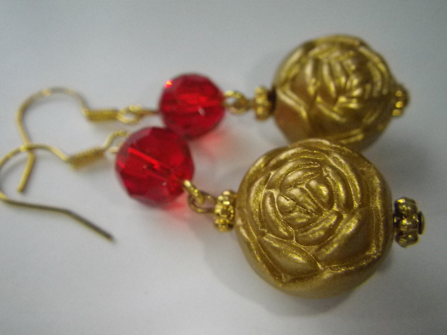 Womens earrings with gold rose acrylic beads and red Czech glass beads, 2 inches long