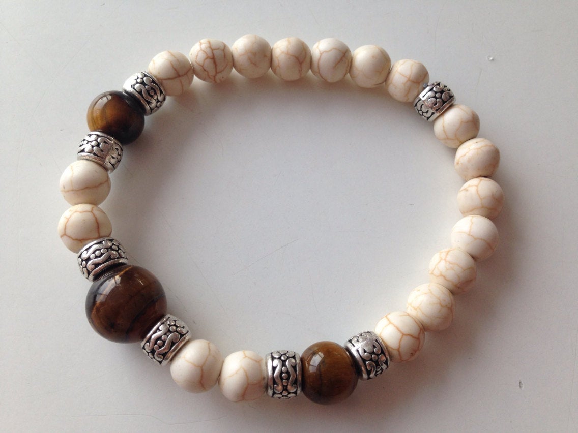 Tigers Eye and Howlite Boho style genuine stone bracelet, mens bracelets, gift for him
