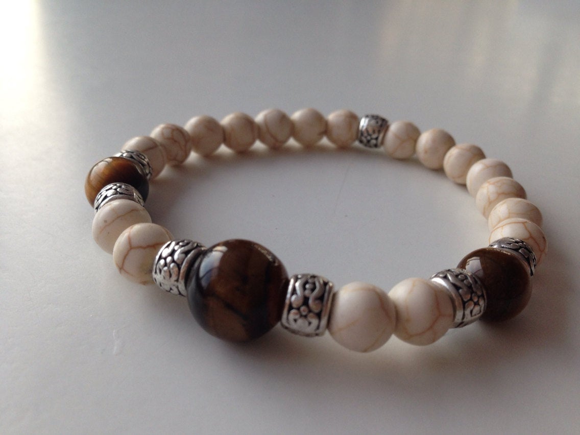 Tigers Eye and Howlite Boho style genuine stone bracelet, mens bracelets, gift for him