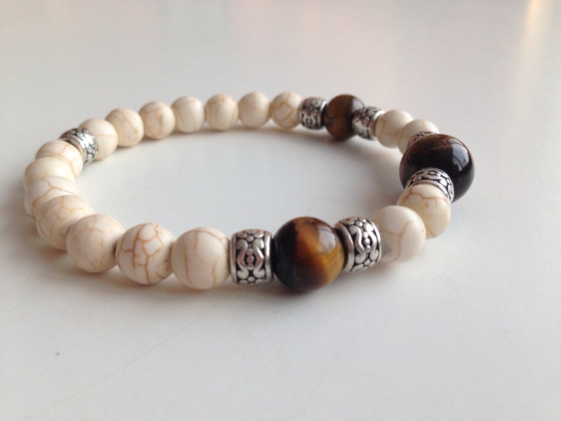 Tigers Eye and Howlite Boho style genuine stone bracelet, mens bracelets, gift for him
