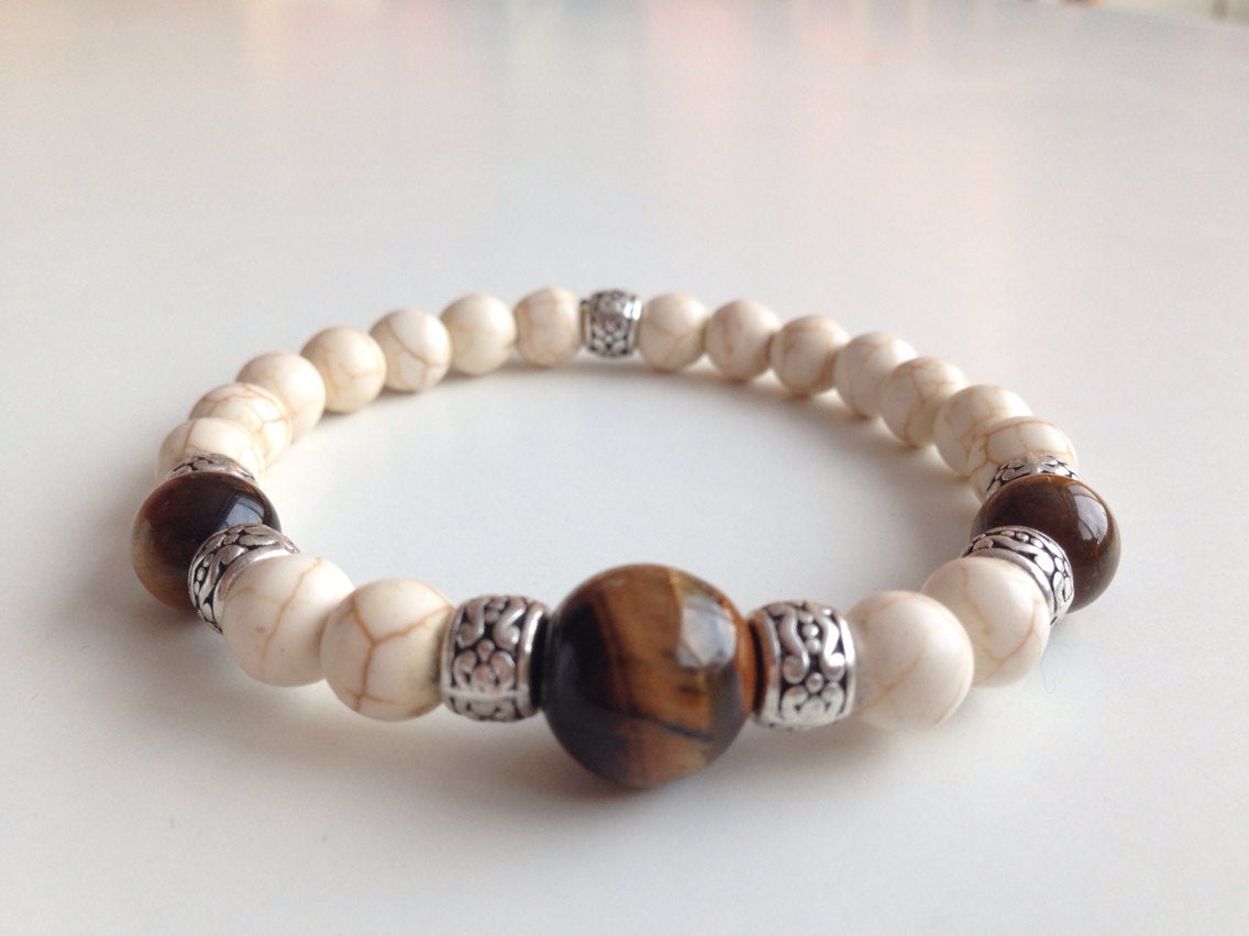 Tigers Eye and Howlite Boho style genuine stone bracelet, mens bracelets, gift for him