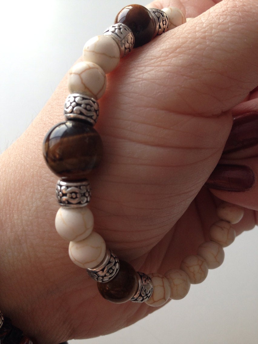 Tigers Eye and Howlite Boho style genuine stone bracelet, mens bracelets, gift for him