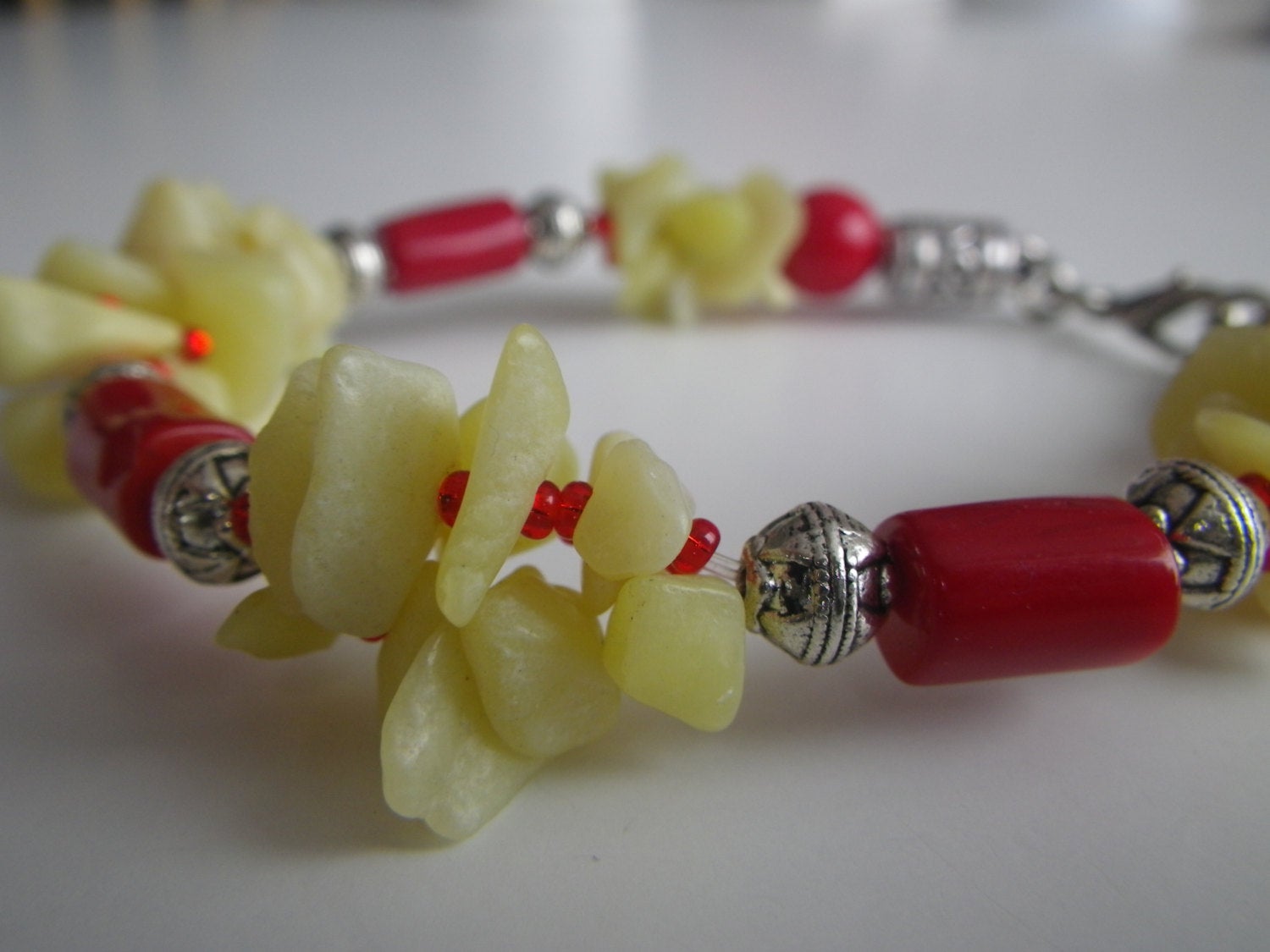 JADE and CORAL Ladies bracelet made w/ Red Coral and Bowenite New Jade, stone bracelet, stone jewelry